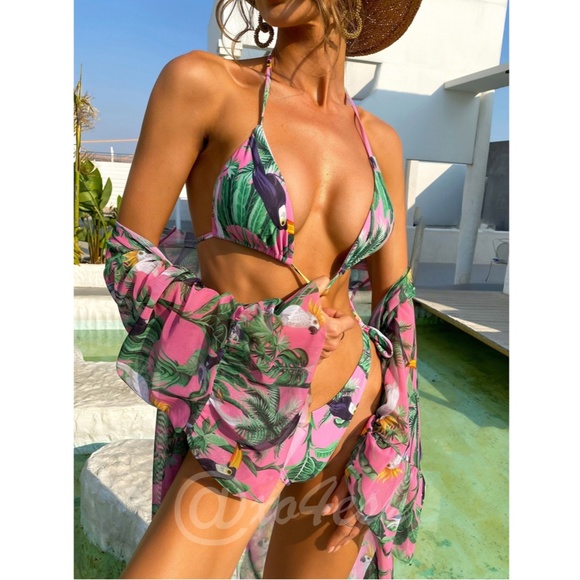 3 Piece Bikini Set Tropical Print Swimsuit and Kimono - Picture 3 of 7